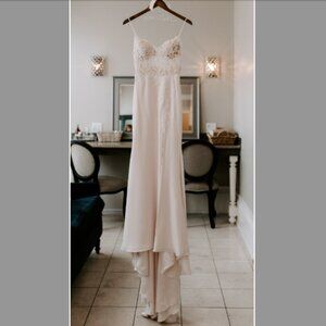 Paloma Blanca 4800 Champagne Fit and Flare Crepe and Lace Wedding Gown